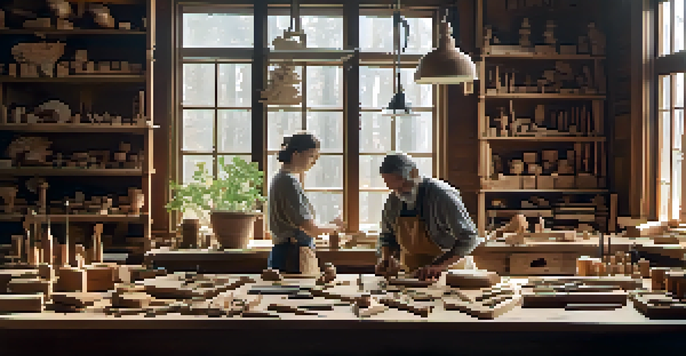 A carving workshop with a wooden table filled with tools and materials, illuminated by soft natural light.