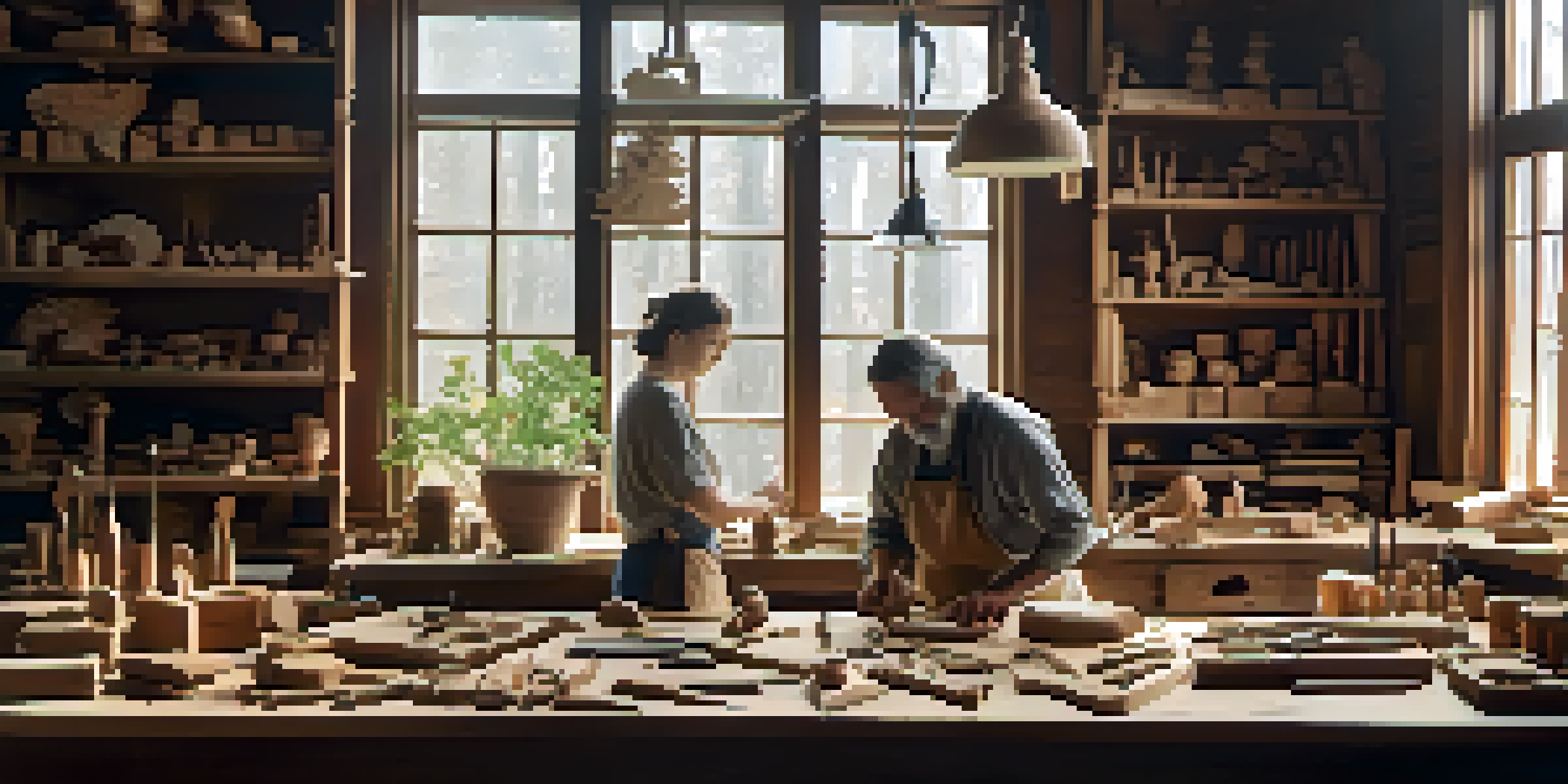 A carving workshop with a wooden table filled with tools and materials, illuminated by soft natural light.