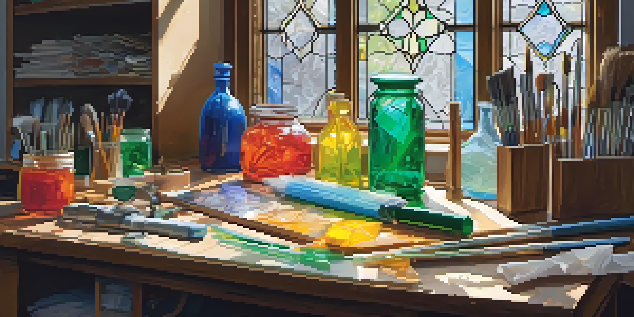 A well-organized glass carving workspace with tools, safety gear, and colorful glass pieces on a wooden table.