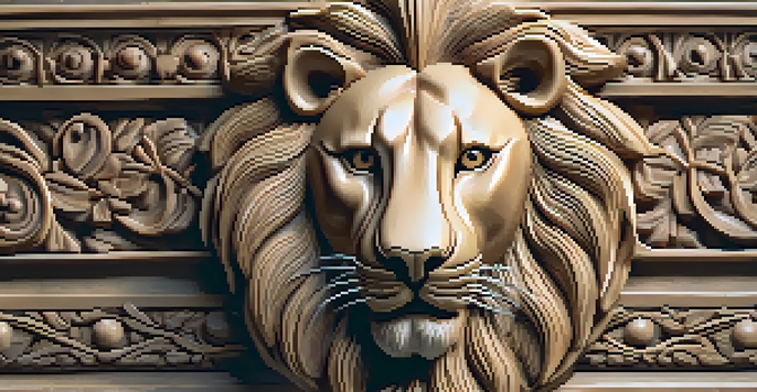 A detailed stone carving of a lion with intricate features, illuminated by soft lighting against a natural stone background.
