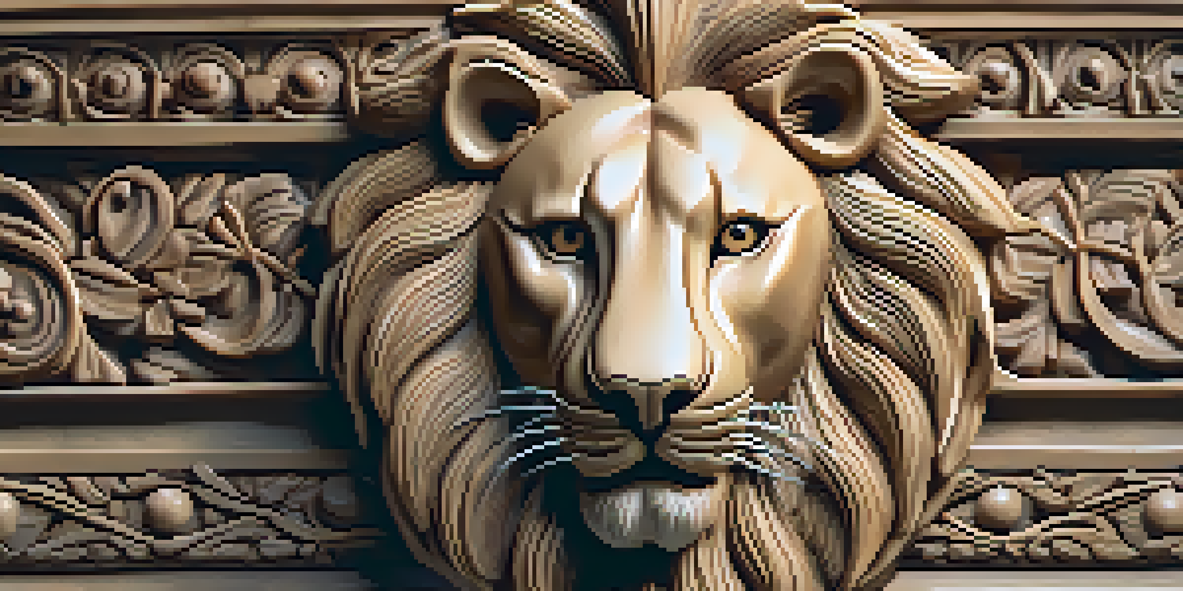 A detailed stone carving of a lion with intricate features, illuminated by soft lighting against a natural stone background.