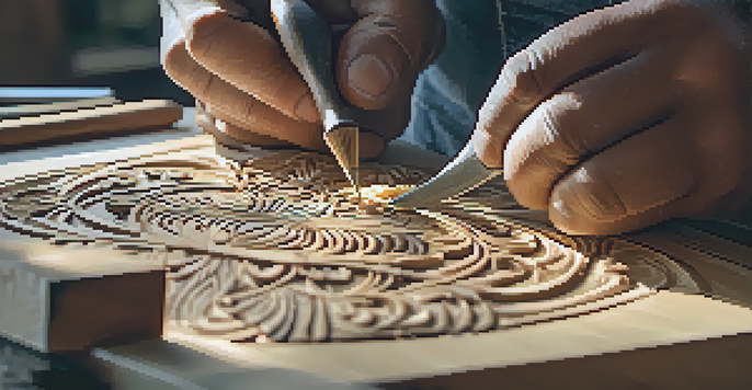 An artisan working on a wooden carving, with tools and wood shavings visible in a well-lit workshop.