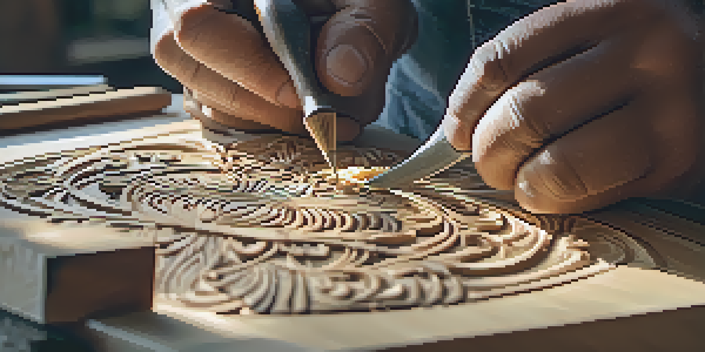 An artisan working on a wooden carving, with tools and wood shavings visible in a well-lit workshop.