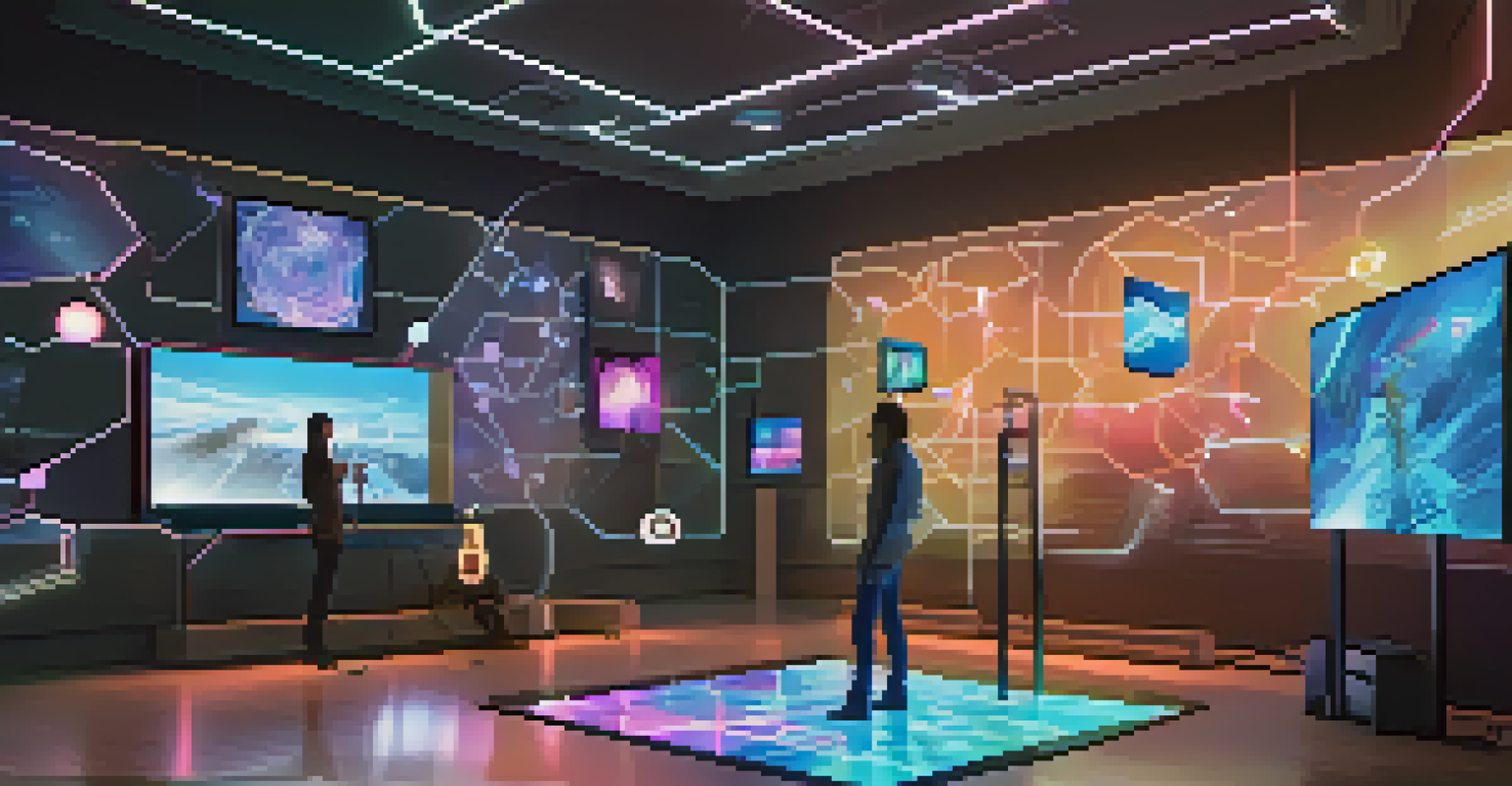 A futuristic augmented reality puzzle game with players interacting with floating shapes and holographic interfaces in a modern room.