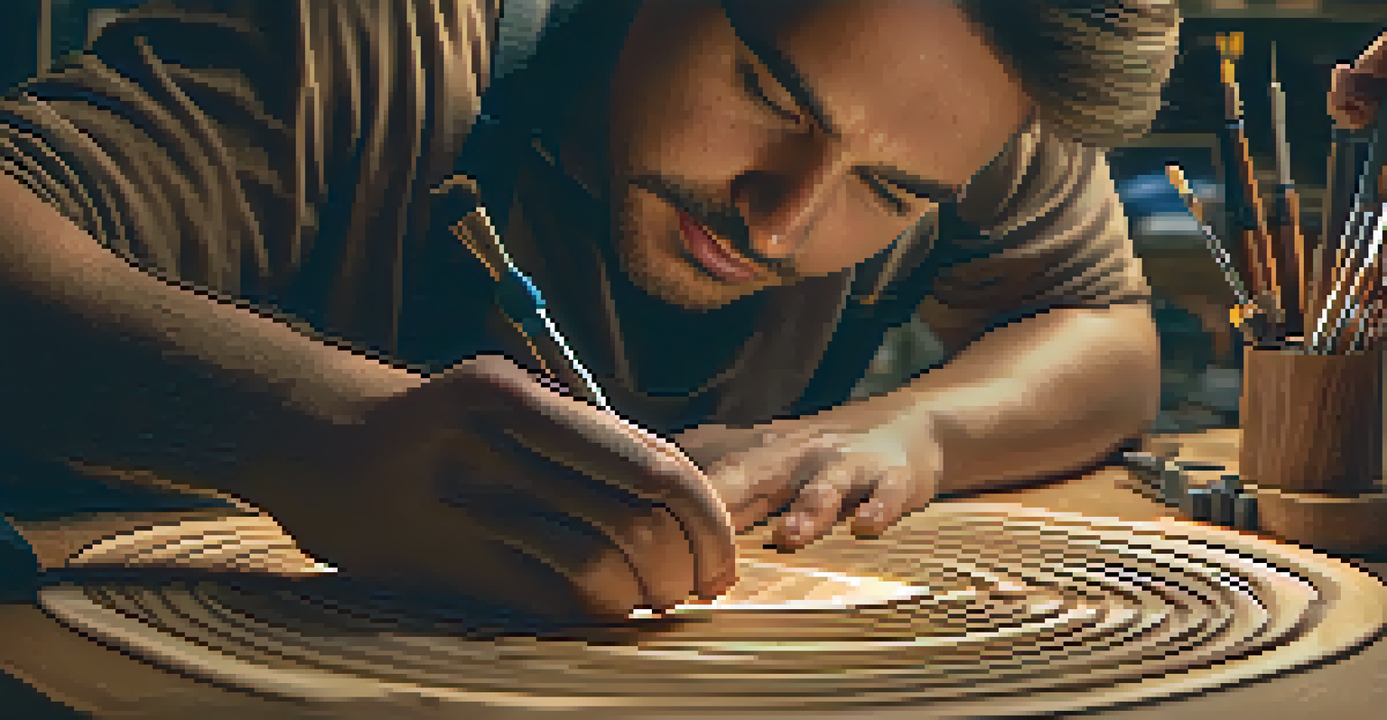 An artist carving wood with a high-tech tool that shows feedback on its screen.