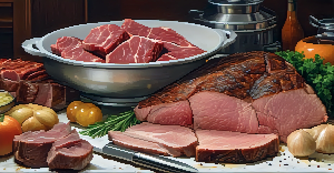 A kitchen countertop with a carving knife and various cooked meats, highlighted by soft lighting.