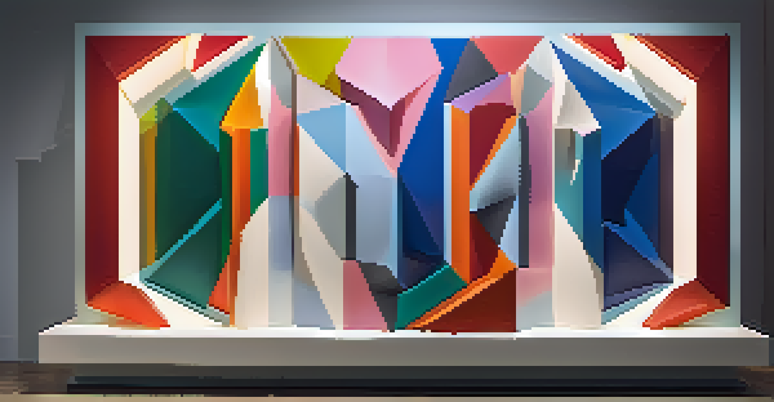 A modern sculpture that combines traditional carving techniques with vibrant colors and geometric patterns in an art gallery.