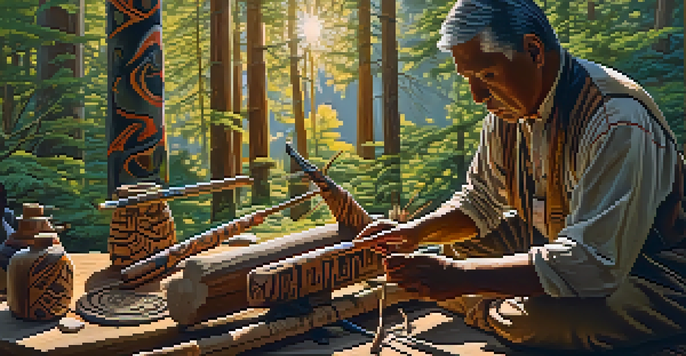 An indigenous carver chiseling a wooden totem pole in a sunlit forest, showcasing intricate patterns and surrounded by tools.