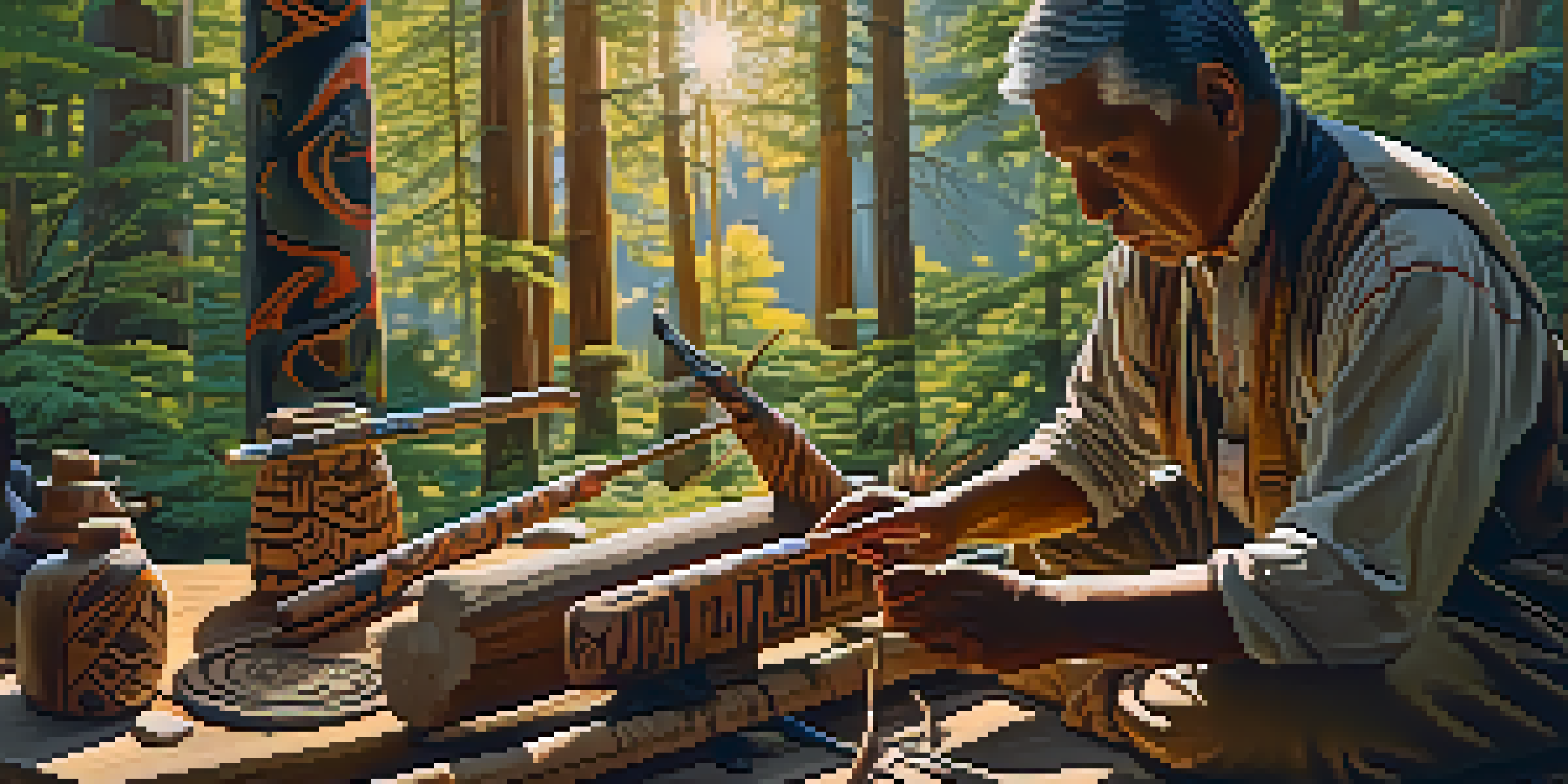 An indigenous carver chiseling a wooden totem pole in a sunlit forest, showcasing intricate patterns and surrounded by tools.