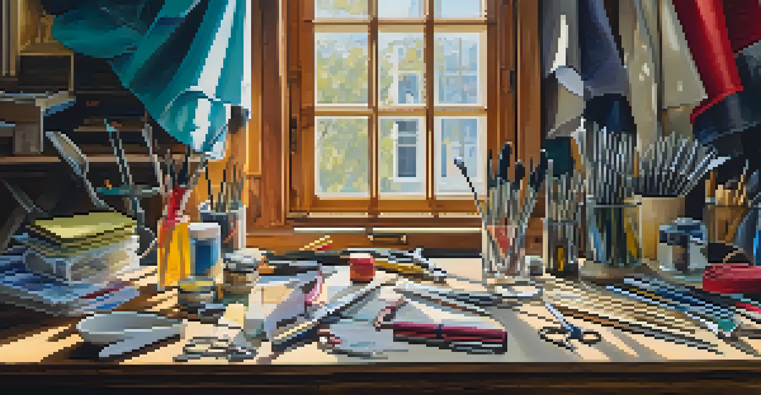 A fashion designer's workspace with tools and colorful fabric swatches on a wooden table, illuminated by sunlight.