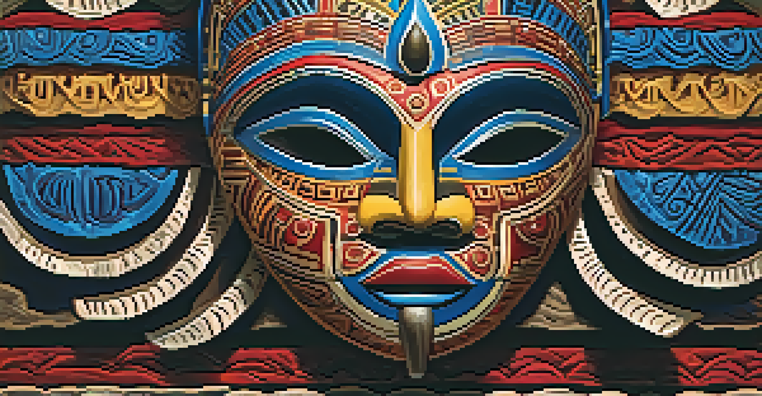 A colorful African mask with intricate carvings displayed against a textured background, symbolizing ancestral spirits.