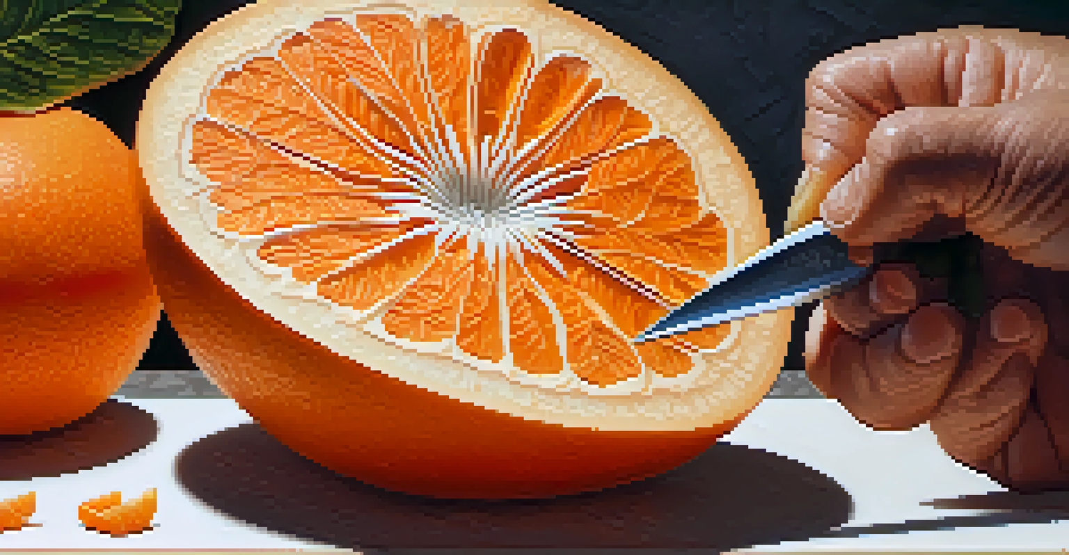 A close-up of hands carving a flower shape from an orange cantaloupe, showcasing the tools and intricate details.