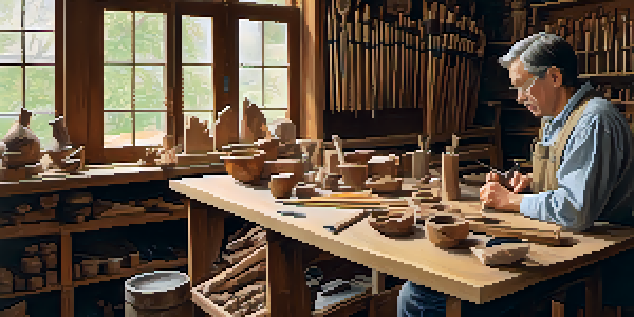 A wood carver working in a workshop, surrounded by tools and wooden sculptures, with natural light illuminating the space.
