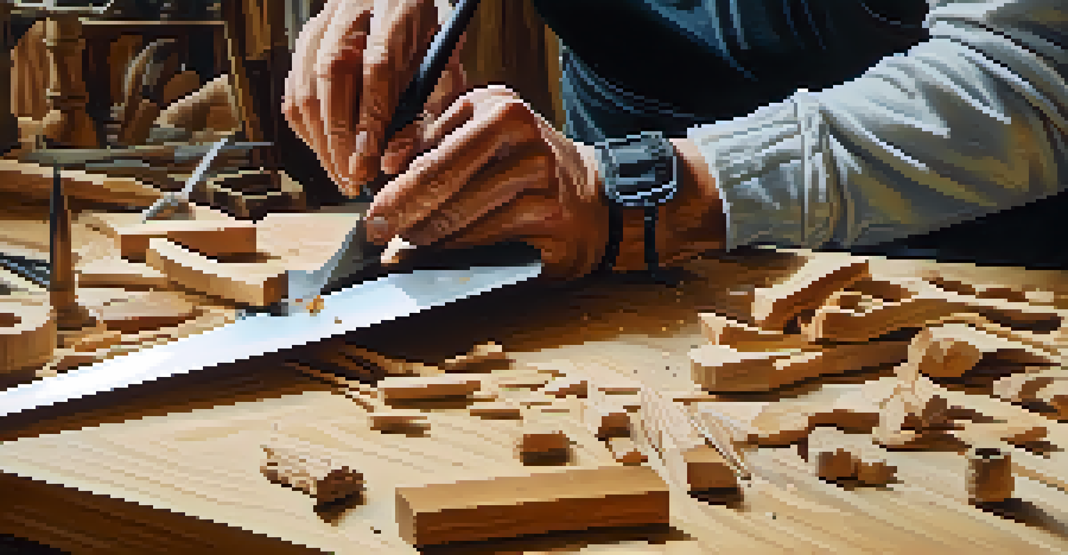 An artist's hands carving wood with a knife, emphasizing the craftsmanship and the atmosphere of creativity in the workshop.