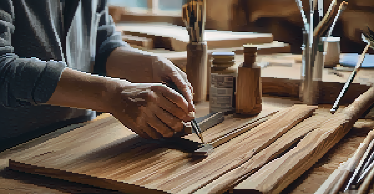 An artist carving a reclaimed wood sculpture, showcasing natural grains and textures, with tools and greenery in the background.