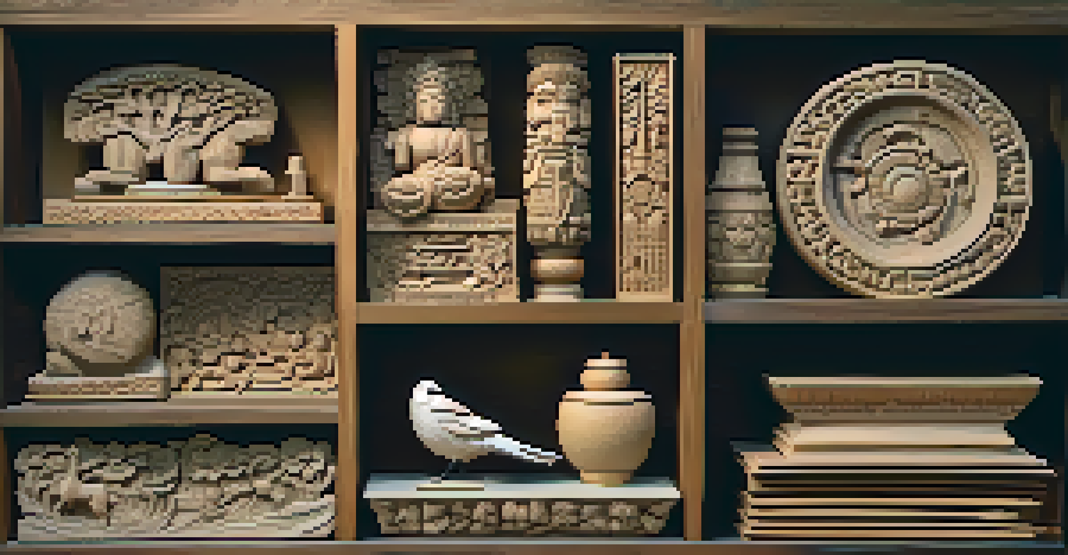 A display of diverse relief carvings made from wood, stone, and linoleum, highlighting their intricate details.