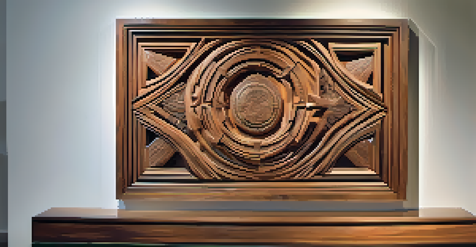 A modern wood carving piece in an art gallery, combining traditional motifs with contemporary design.