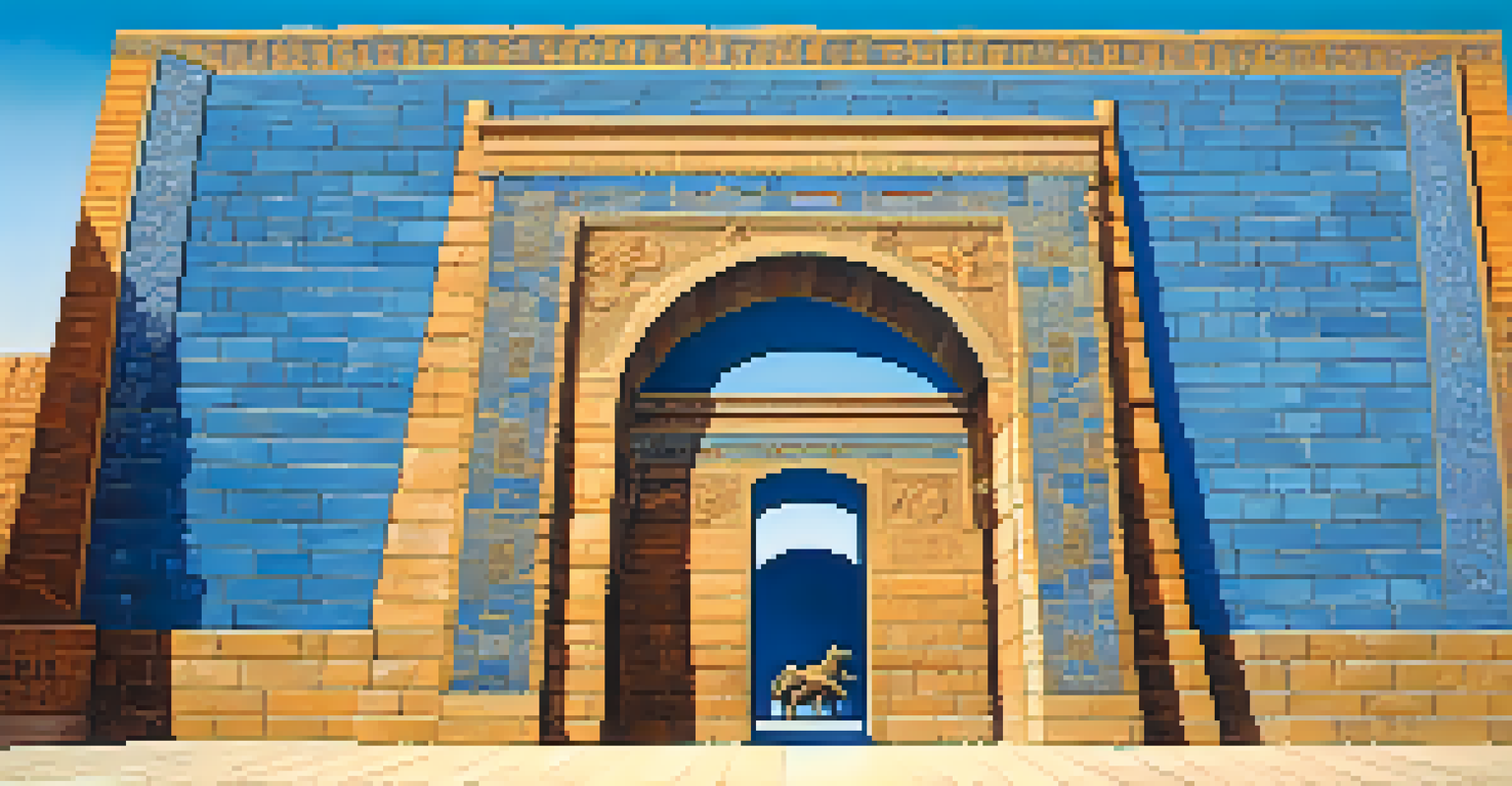 A depiction of the Ishtar Gate with blue glazed bricks and reliefs of dragons and bulls under a clear blue sky, highlighting its grandeur.