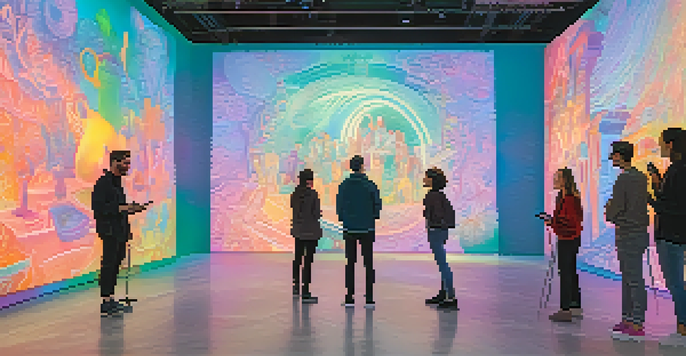 A colorful gallery with visitors exploring immersive art displays and using augmented reality devices.