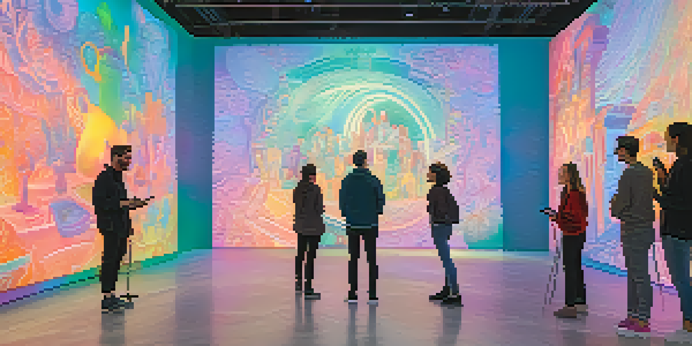 A colorful gallery with visitors exploring immersive art displays and using augmented reality devices.