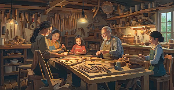 A warm family workshop with members happily carving wood together, surrounded by tools and unfinished projects.