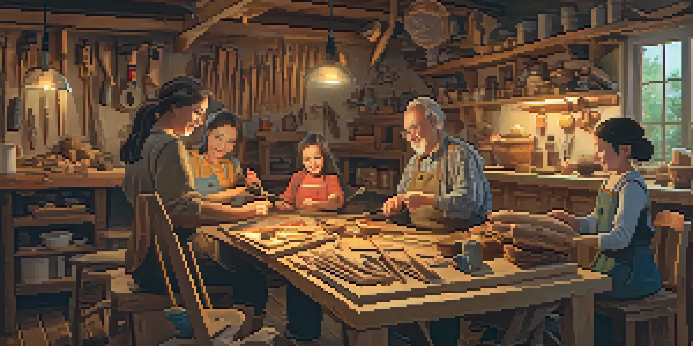 A warm family workshop with members happily carving wood together, surrounded by tools and unfinished projects.