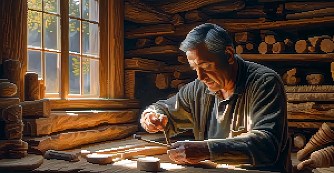An artisan focused on traditional wood carving at a wooden bench, surrounded by tools and illuminated by sunlight.