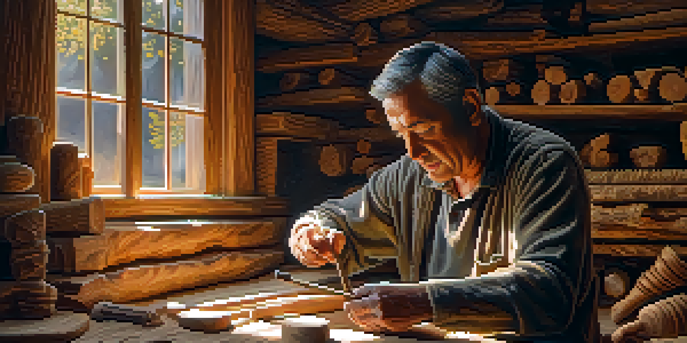 An artisan focused on traditional wood carving at a wooden bench, surrounded by tools and illuminated by sunlight.