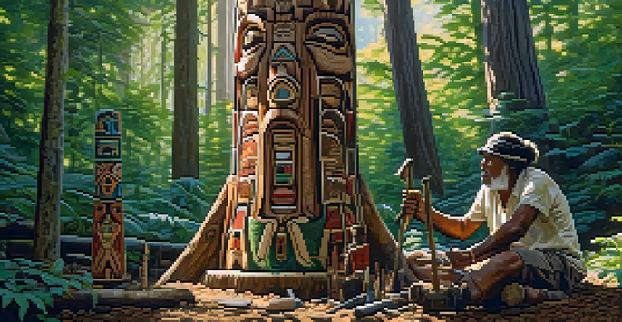 An Indigenous artisan carving a totem pole in a forest, with tools around and sunlight shining through the trees.