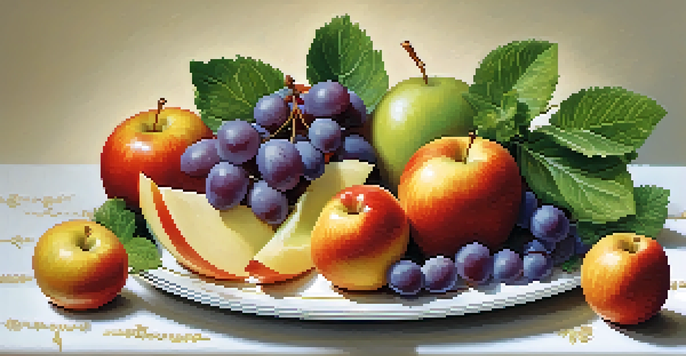 A platter featuring artistic fruit carvings of apple flowers and melon petals, garnished with mint leaves, creating an inviting display.