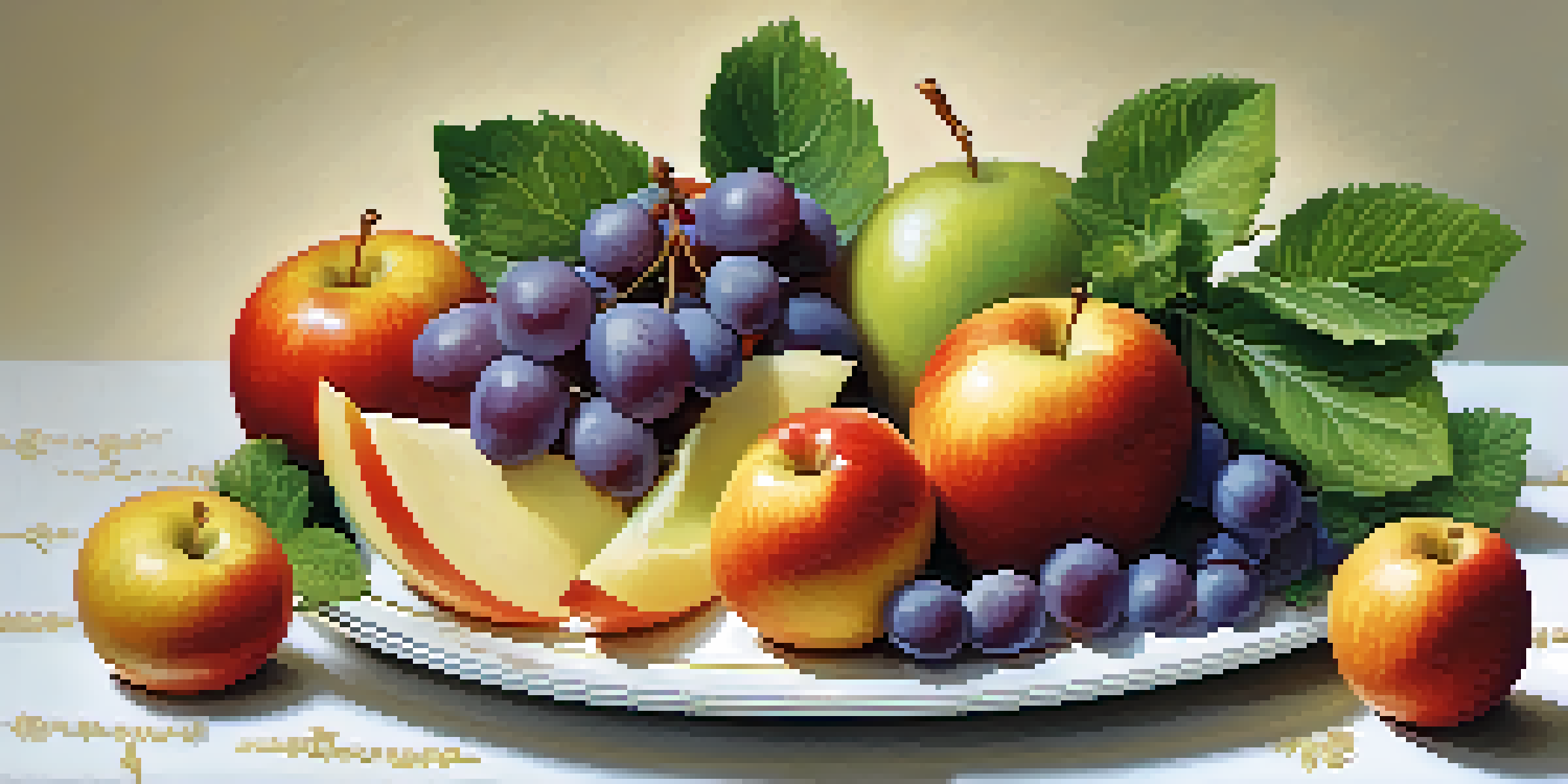 A platter featuring artistic fruit carvings of apple flowers and melon petals, garnished with mint leaves, creating an inviting display.