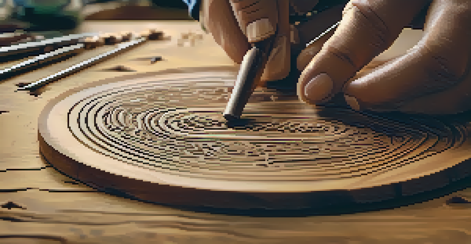 An artist's hands carving a pattern into a wooden coaster on a rustic table.