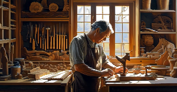 A carver focused on shaping a wooden sculpture in a warm, sunlit workshop filled with tools and wood shavings.