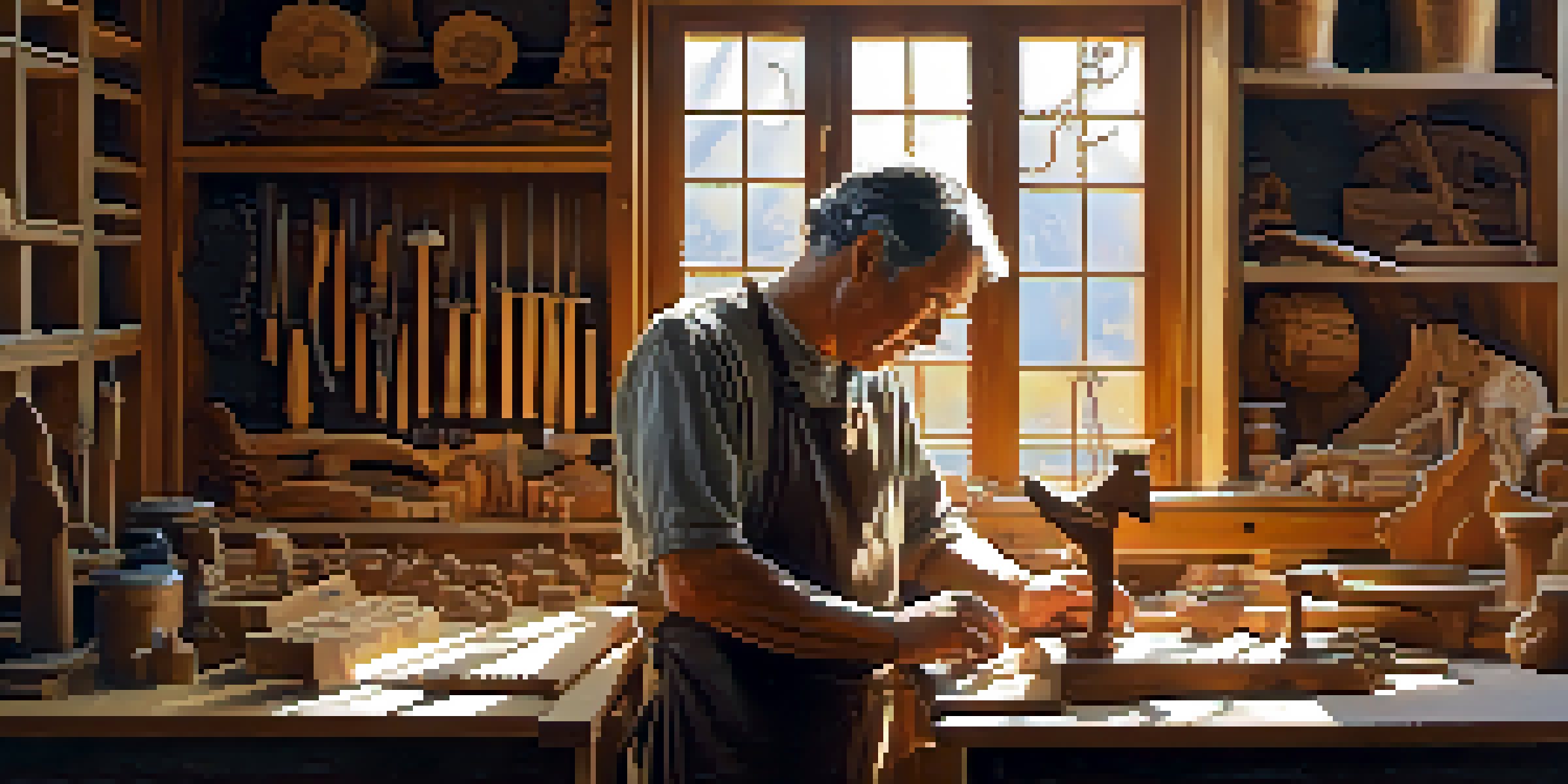 A carver focused on shaping a wooden sculpture in a warm, sunlit workshop filled with tools and wood shavings.