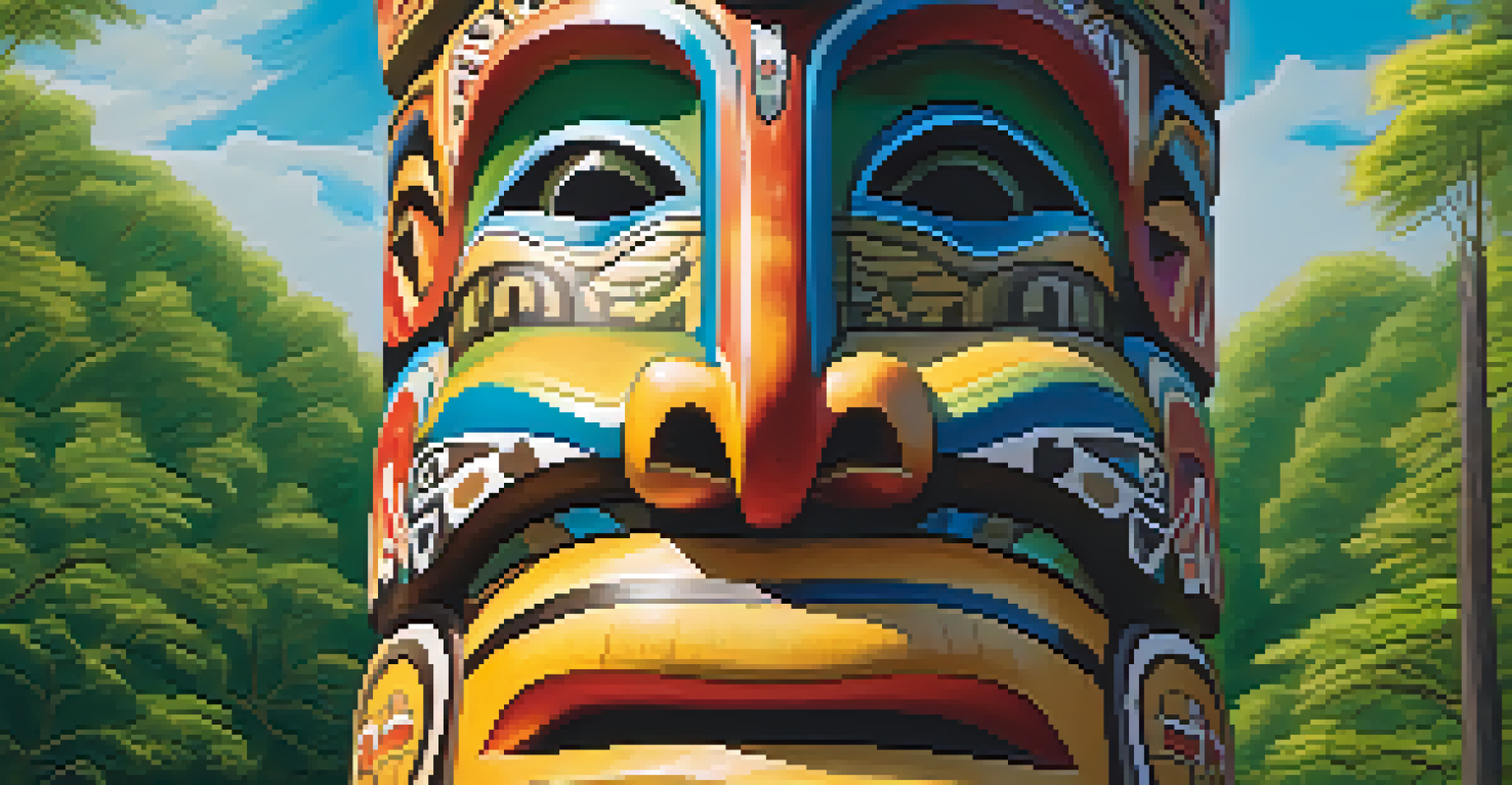 A detailed close-up of a colorful totem pole with intricate animal carvings, surrounded by green trees.
