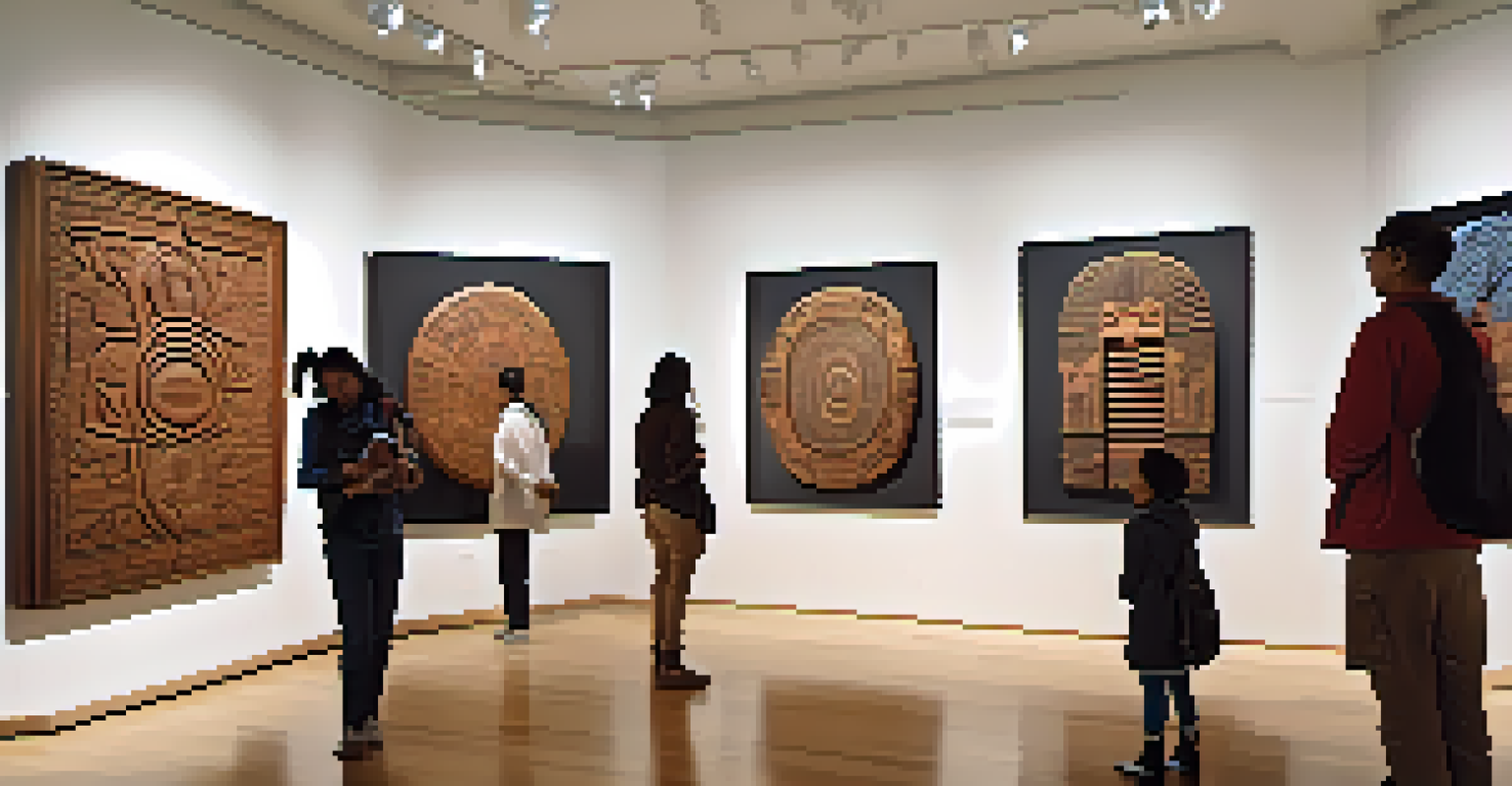A modern art gallery displaying contemporary indigenous carvings, with visitors admiring the pieces under natural light.