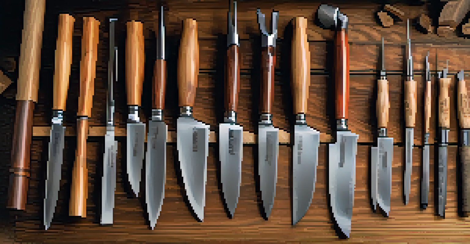 An arrangement of wood carving tools on a rustic table, showcasing their unique shapes and sizes.