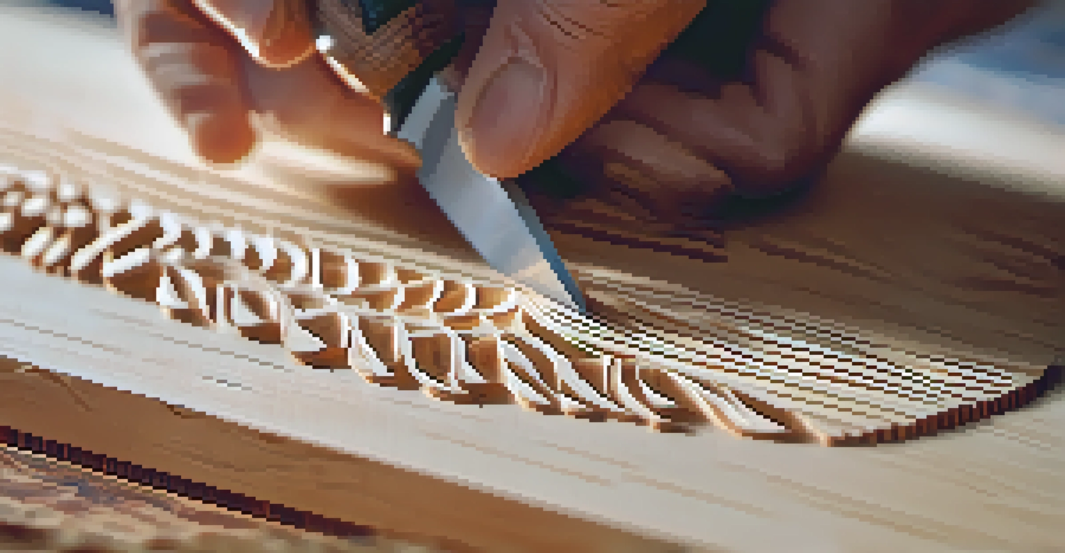 Close-up of an artist's hands carving a design into softwood, focusing on the knife's movement and wood shavings, with natural light highlighting the wood grain.
