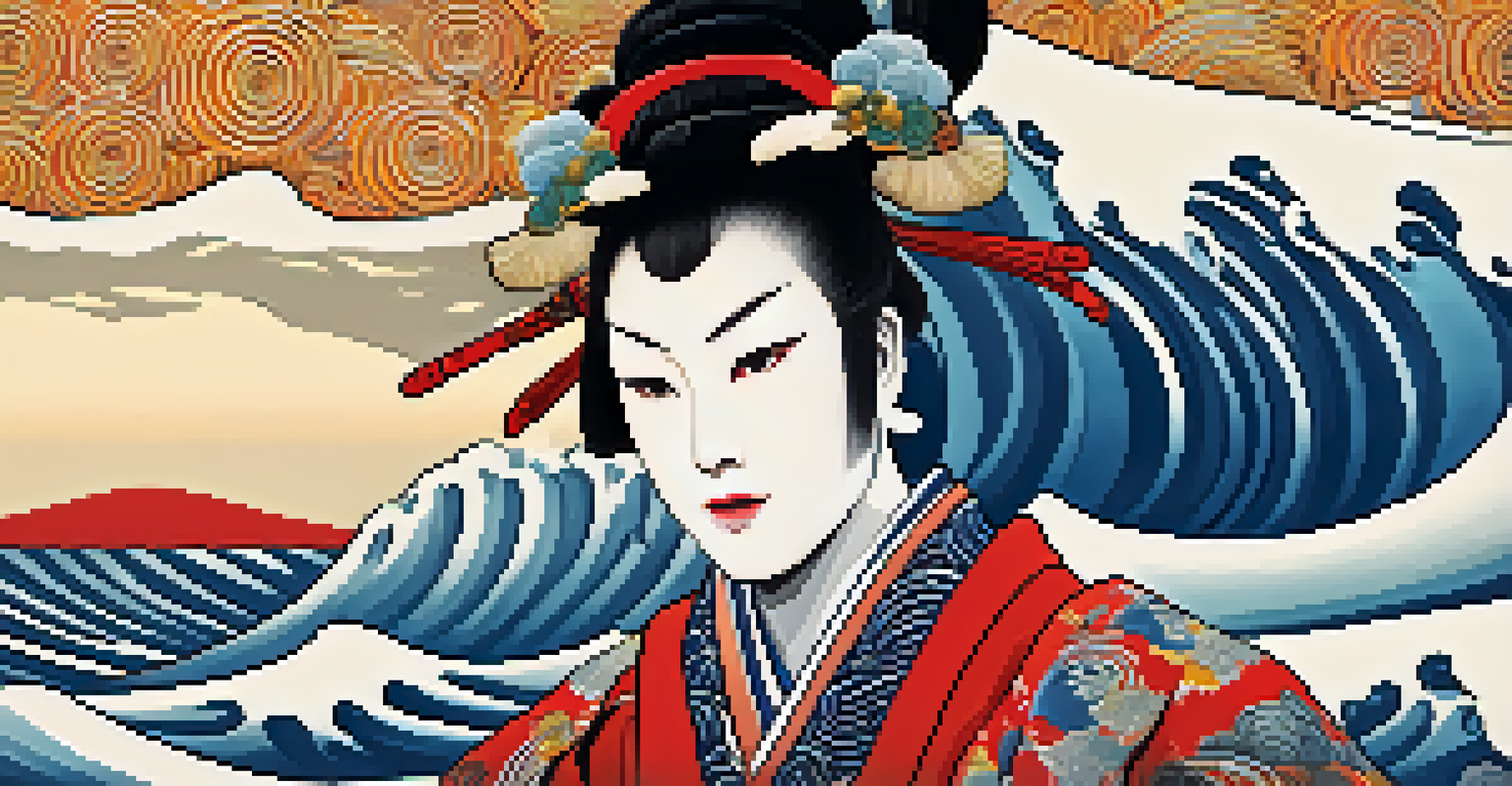 A close-up of a Ukiyo-e print of a kabuki actor, highlighting intricate patterns and vibrant colors in the costume and background.