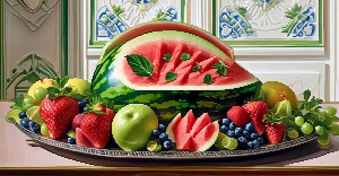 A carved watermelon centerpiece with flower designs and geometric patterns, surrounded by colorful fruits on a decorative platter.