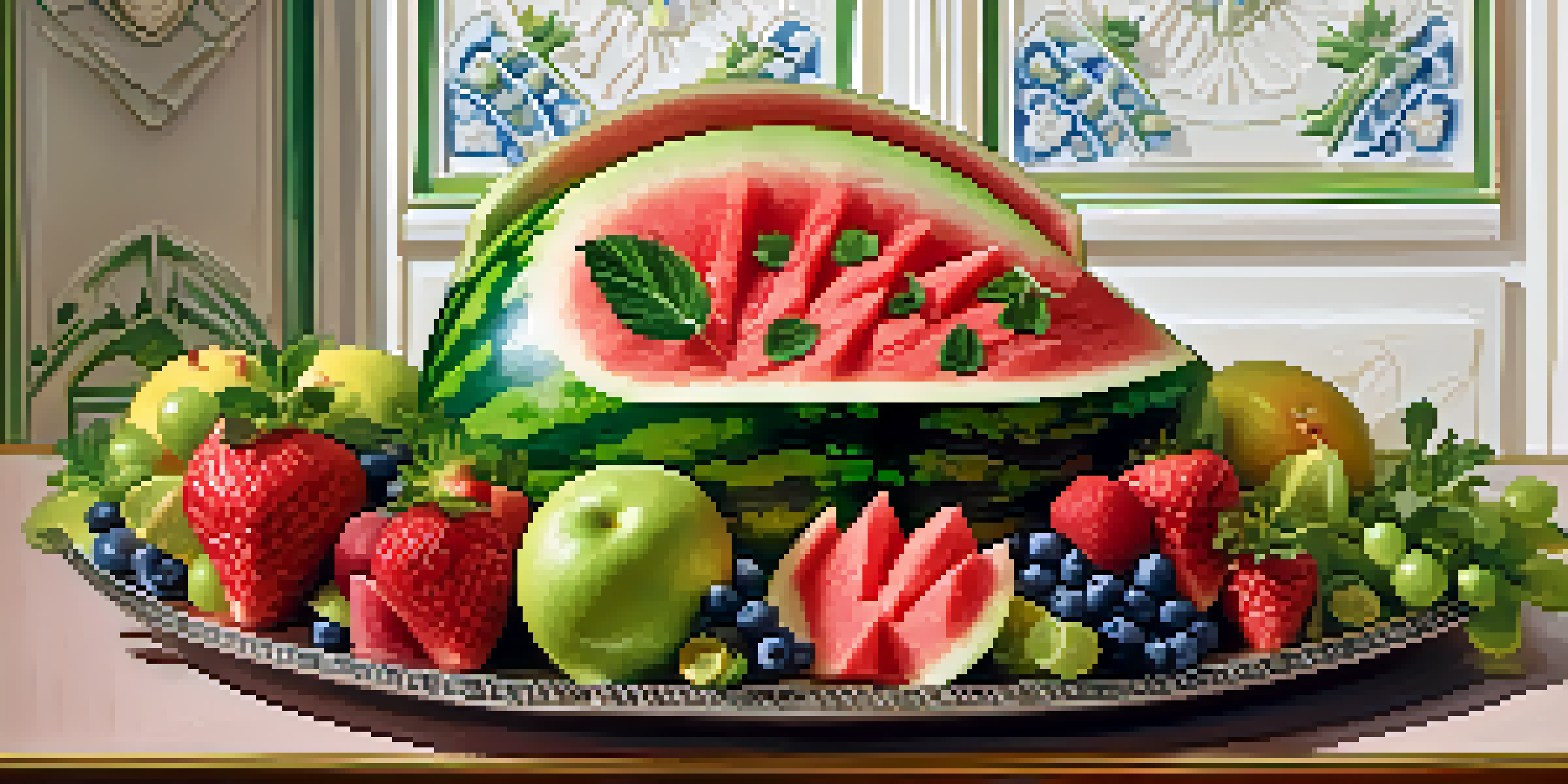 A carved watermelon centerpiece with flower designs and geometric patterns, surrounded by colorful fruits on a decorative platter.