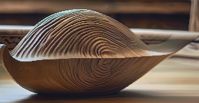A detailed close-up of a wooden carving on a table, with warm lighting enhancing its texture and grain patterns.