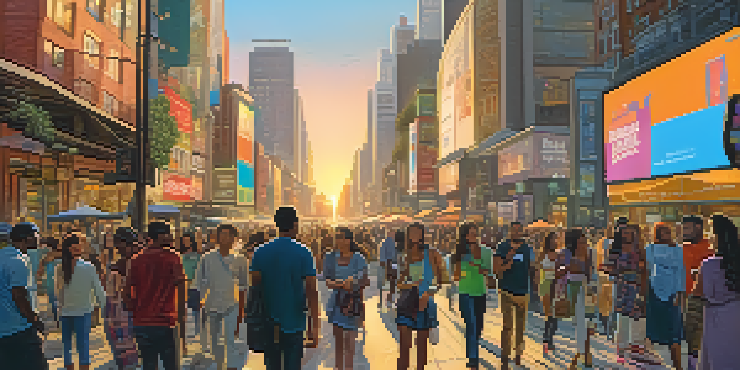 A vibrant city street scene with diverse people talking and colorful social media ads on screens, illuminated by a warm sunset.