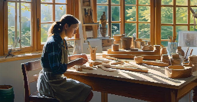 A therapist and a patient engaged in wood carving in a sunlit workshop, with tools and wooden shavings around them.