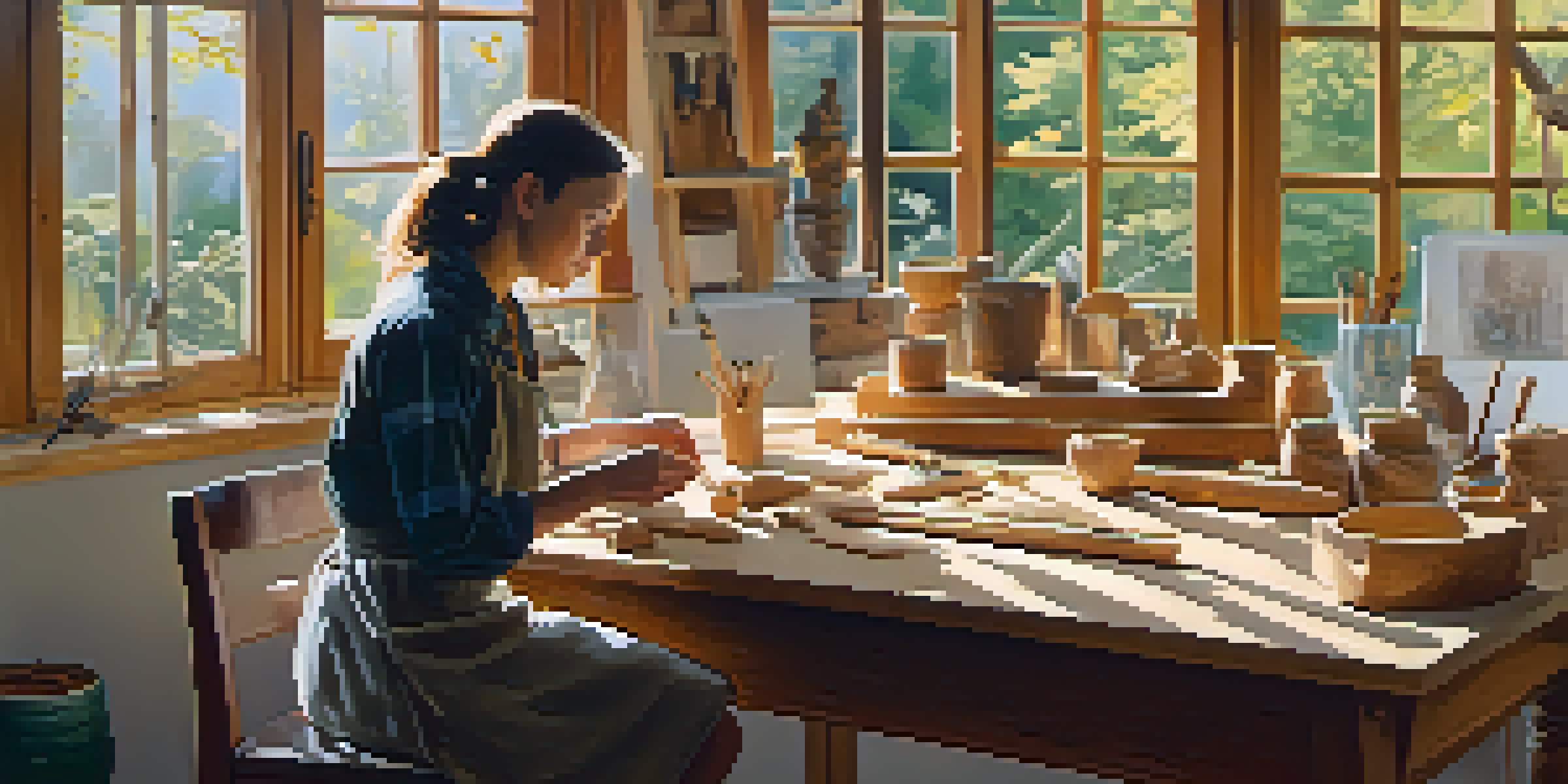 A therapist and a patient engaged in wood carving in a sunlit workshop, with tools and wooden shavings around them.
