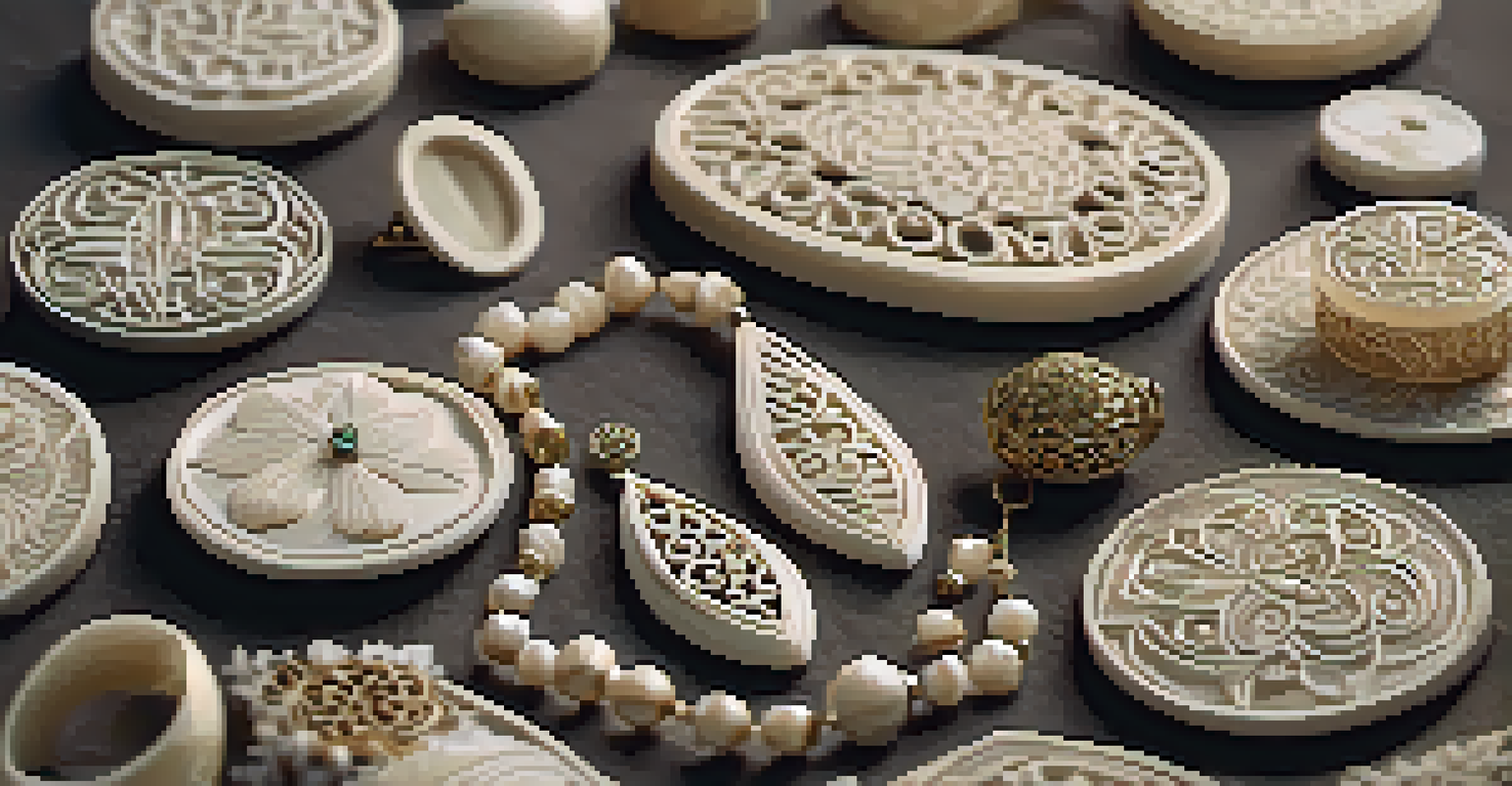 A collection of intricately carved bone jewelry displayed on textured cloth.