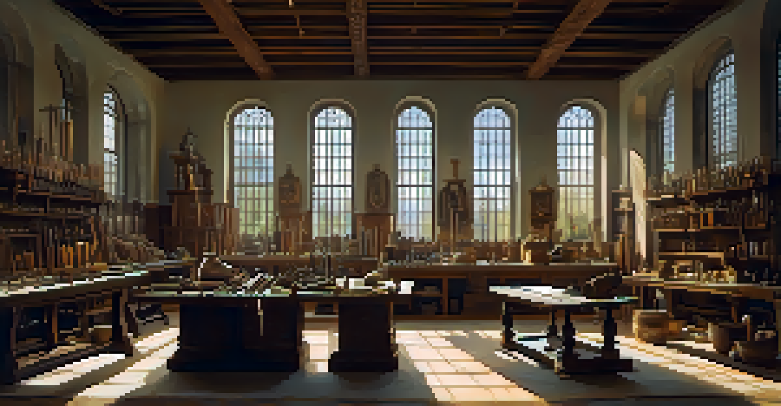 A Renaissance workshop with chisels and marble pieces, illuminated by warm light from a large window.