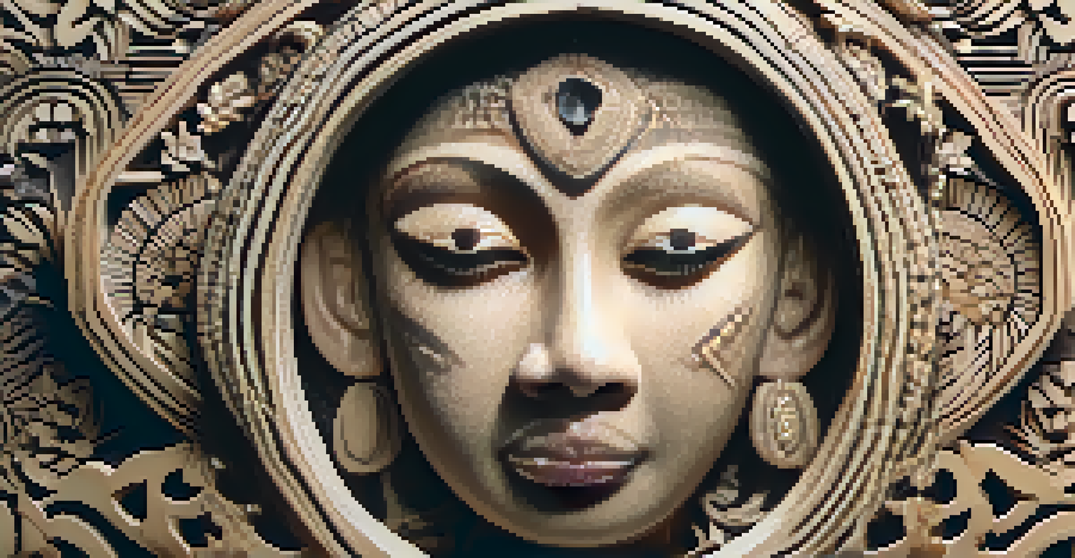 An intricately carved sculpture with cultural motifs, showcasing detailed patterns and textures under warm lighting.