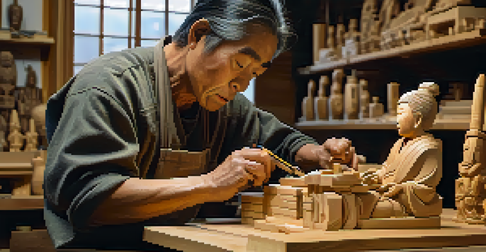 A Japanese wood carver working on a wooden statue in a cozy workshop, showcasing detailed wood grain and various carving tools.