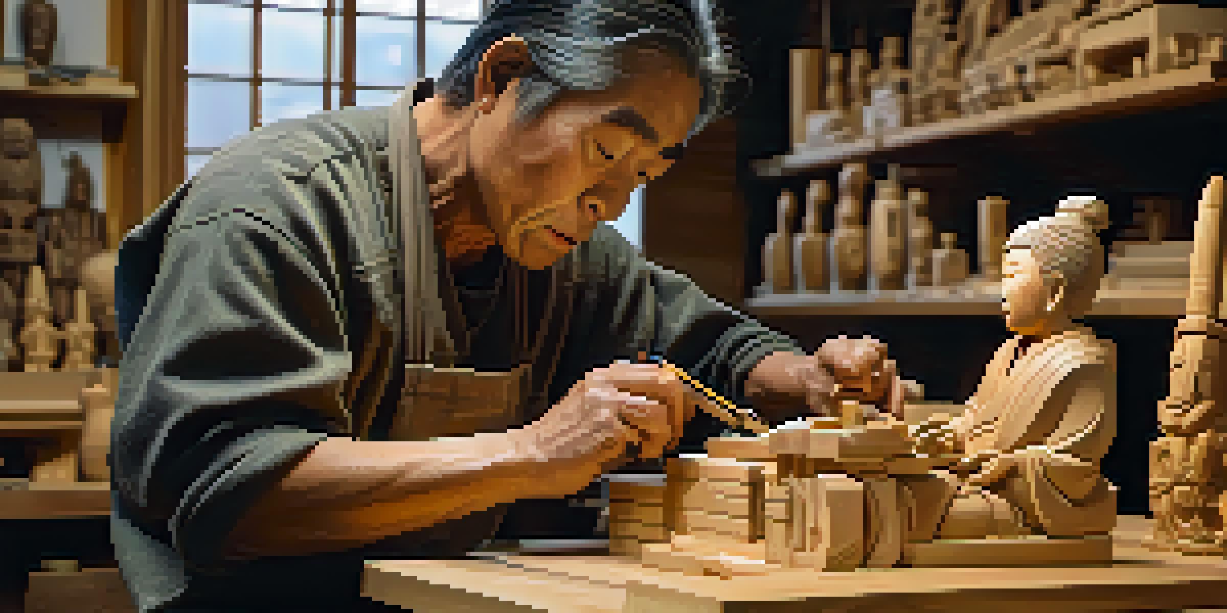 A Japanese wood carver working on a wooden statue in a cozy workshop, showcasing detailed wood grain and various carving tools.